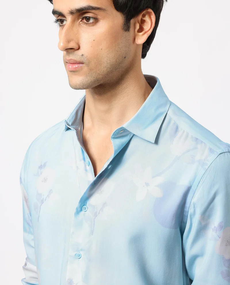 Rare Rabbit Rare Rabbit Men's Hanmer Light Petrol Viscose Fabric Floral Print Full Sleeves Shirt
