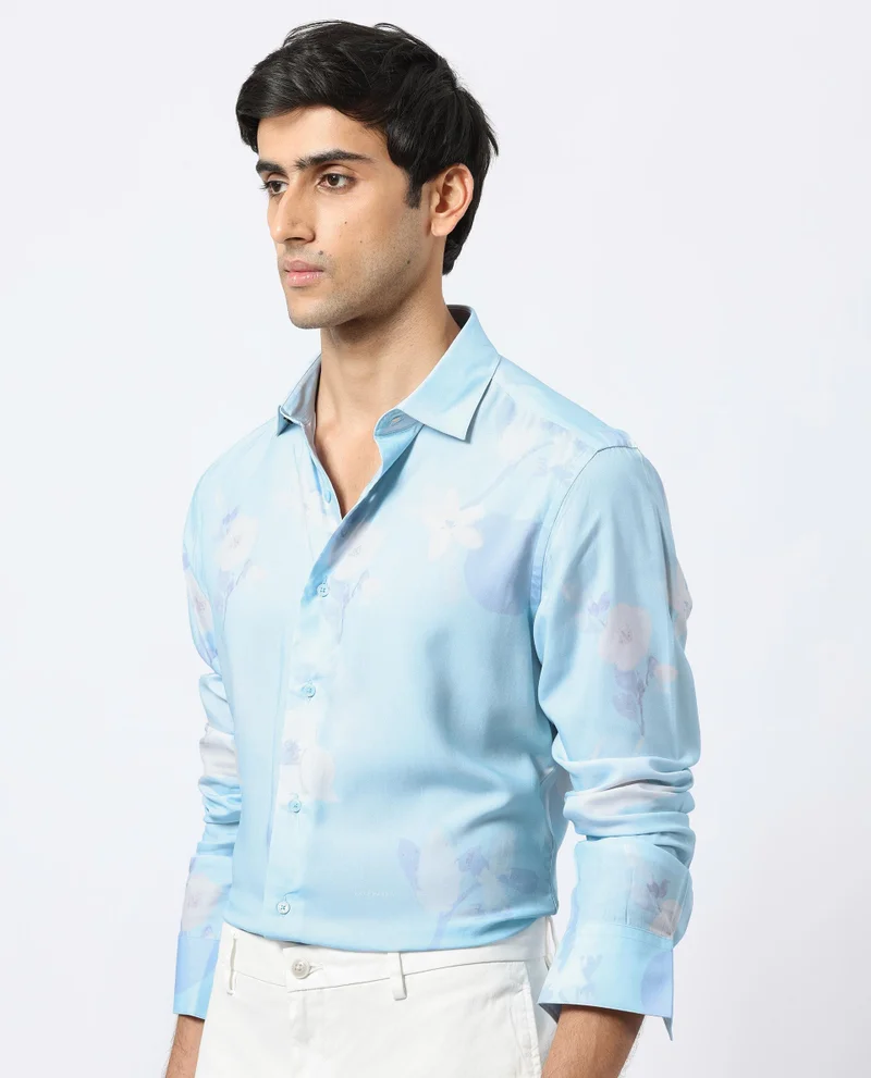 Rare Rabbit Rare Rabbit Men's Hanmer Light Petrol Viscose Fabric Floral Print Full Sleeves Shirt