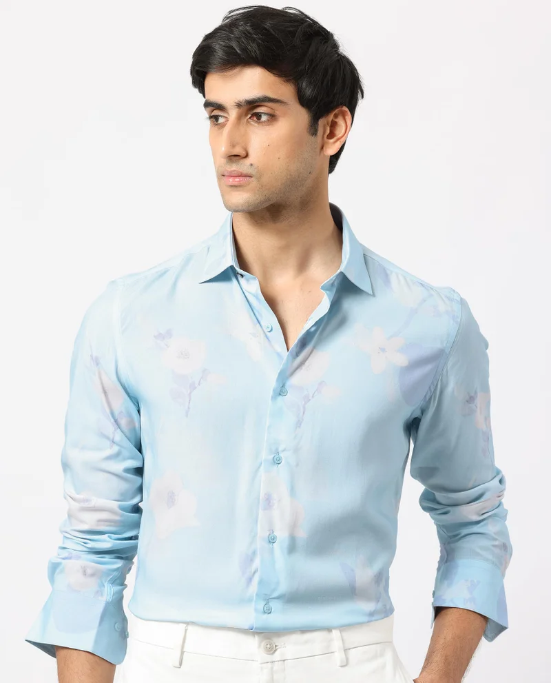 Rare Rabbit Rare Rabbit Men's Hanmer Light Petrol Viscose Fabric Floral Print Full Sleeves Shirt