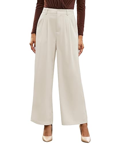 GRAPENT Work Pants Wide Leg Pants for Women Dressy Flowy Women Pleated Trousers Slacks White Womens Business Casual Outfits Old Money Color Petite Vanilla Ice Size Large Size 12 14 - Image 1