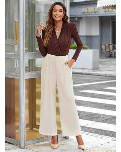 GRAPENT Work Pants Wide Leg Pants for Women Dressy Flowy Women Pleated Trousers Slacks White Womens Business Casual Outfits Old Money Color Petite Vanilla Ice Size Large Size 12 14 - Image 4