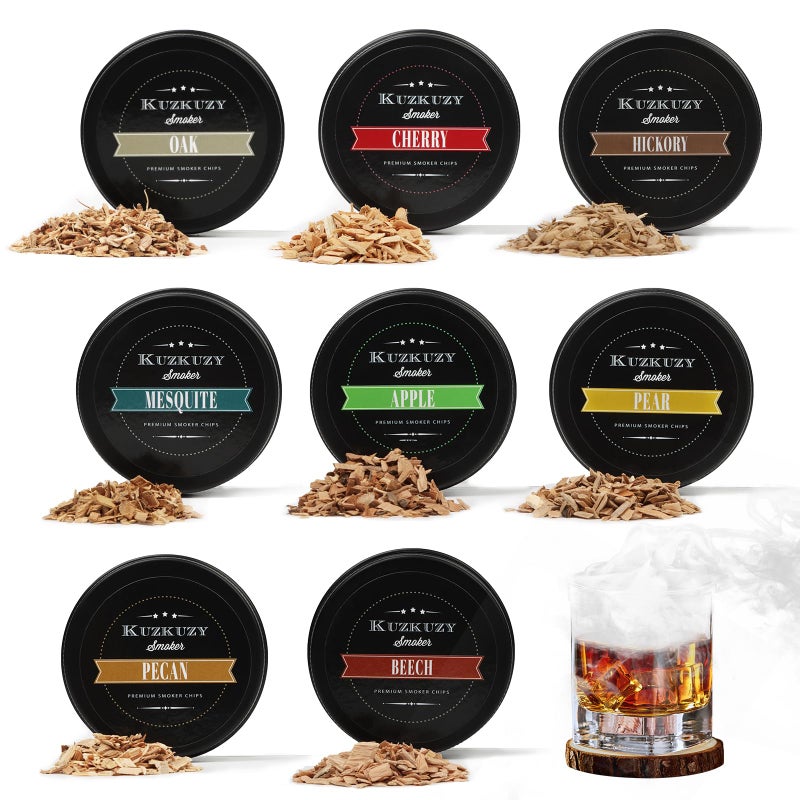 KUZKUZY عبوة متنوعة من رقائق الخشب المدخن للكوكتيليات 8 نكهات فريدة لمجموعة مدخن الويسكي بوربون: تفاح، جوز، كرز، كمثرى، بلوط، جوز بيكان، خشب الزان، مسكيت. مثالي كهدية لعشاق الويسكي في المنزل.