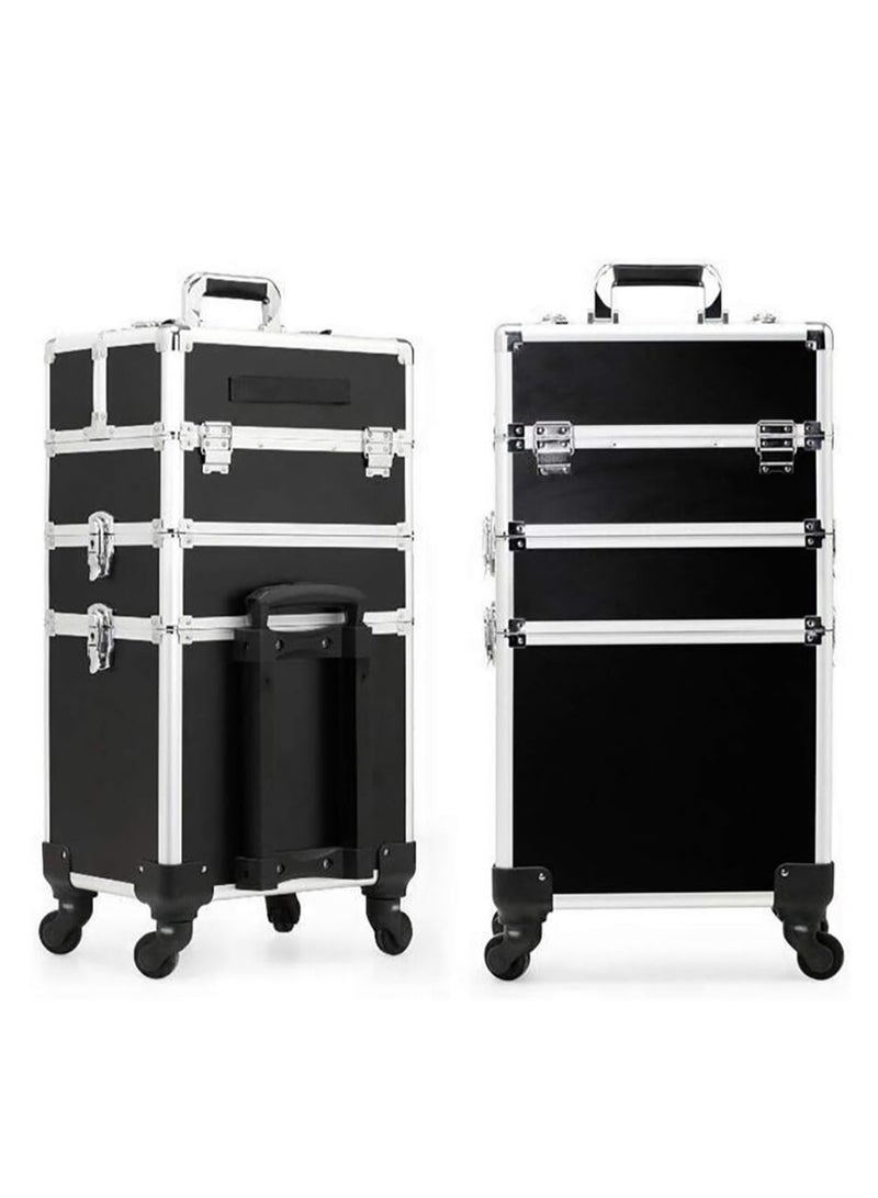 Makeup Trolley Case, Large 3-in-1 Makeup Jewelry Box Travel Suitcase Cart with 4 360° Wheels, 3 Layer Professional Aluminum Cosmetics Organizer with Drawers for Travel Makeup Beauty Nail Art (3 Layer Black) - Image 1