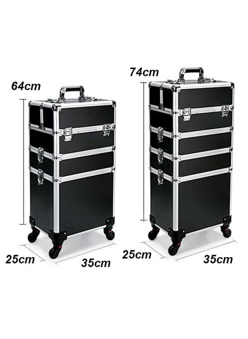 Makeup Trolley Case, Large 3-in-1 Makeup Jewelry Box Travel Suitcase Cart with 4 360° Wheels, 3 Layer Professional Aluminum Cosmetics Organizer with Drawers for Travel Makeup Beauty Nail Art (3 Layer Black) - Image 2