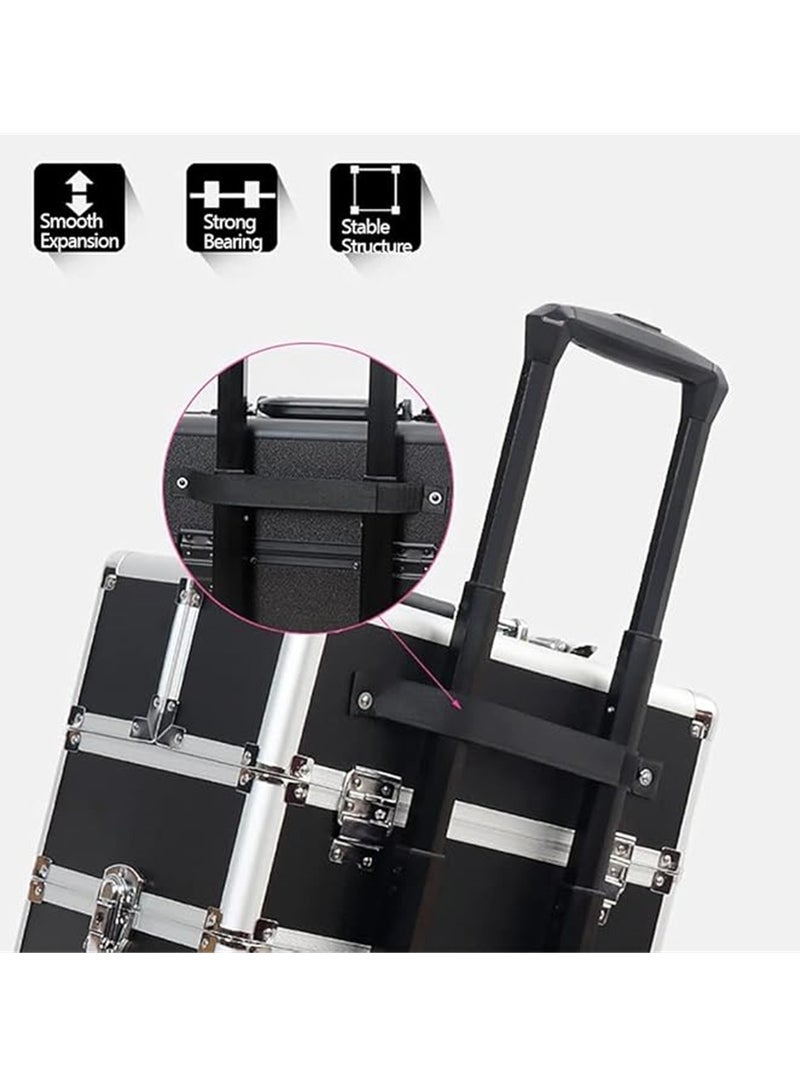 Makeup Trolley Case, Large 3-in-1 Makeup Jewelry Box Travel Suitcase Cart with 4 360° Wheels, 3 Layer Professional Aluminum Cosmetics Organizer with Drawers for Travel Makeup Beauty Nail Art (3 Layer Black) - Image 4