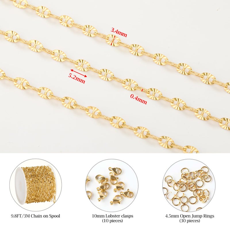 KYUNHOO 9.8 Feet Stainless Steel Jewelry Making Chains Gold Plated Chains Bulk Embossed Oval Chain Links with Lobster Clasps Jump Rings for Handcraft Making Supplies - Image 2