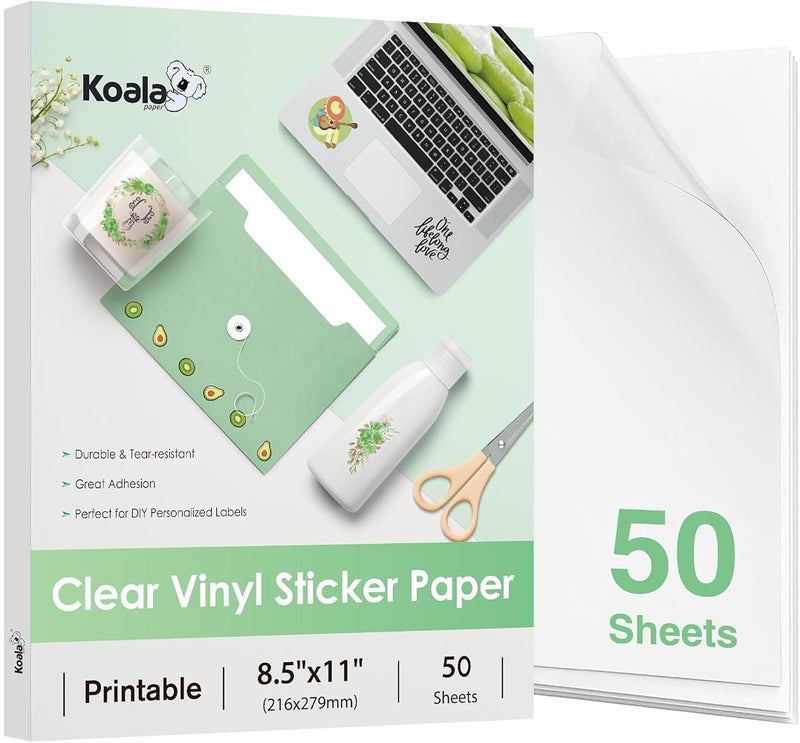 KOALA PAPER Clear Sticker for Inkjet Printer - Waterproof Clear Printable Vinyl Sticker - 8.5x11 Inch 50 Sheets Transparent Glossy Sticker for DIY Personalized Stickers, Labels, Decals - Image 1