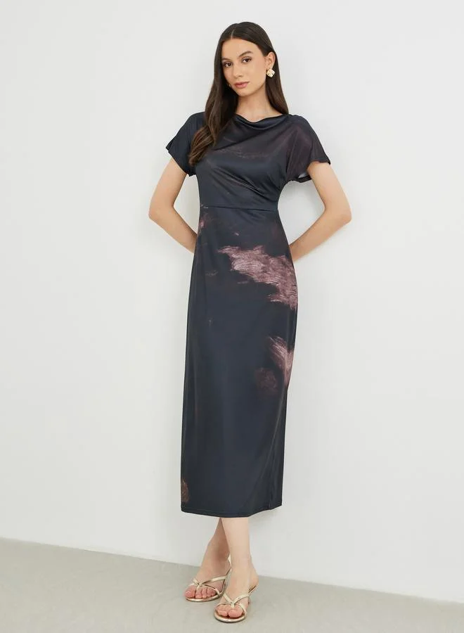 Take Two Take Two Printed Boat Neck Short Sleeve Midi Dress