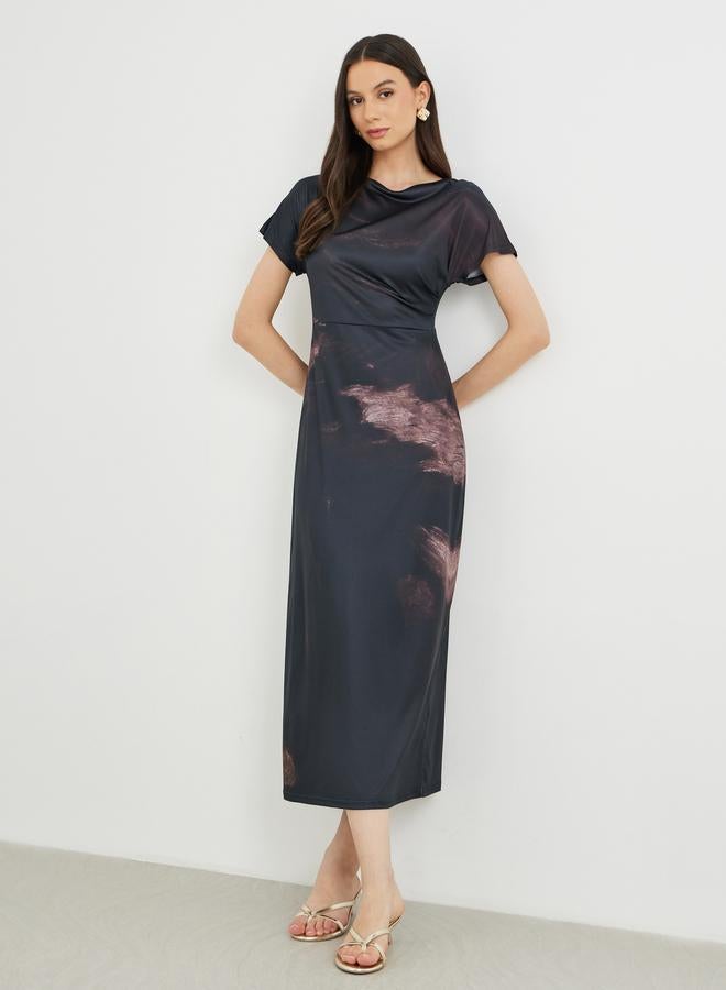 تايك تو فستان ميدي بأكمام قصيرة ورقبة قارب مطبوع - Image 2