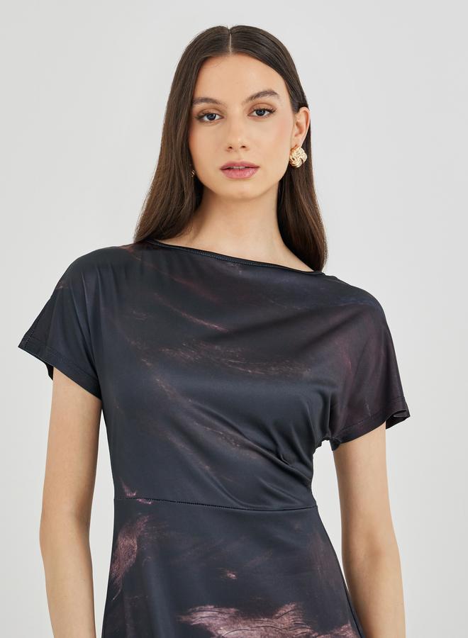 تايك تو فستان ميدي بأكمام قصيرة ورقبة قارب مطبوع - Image 4