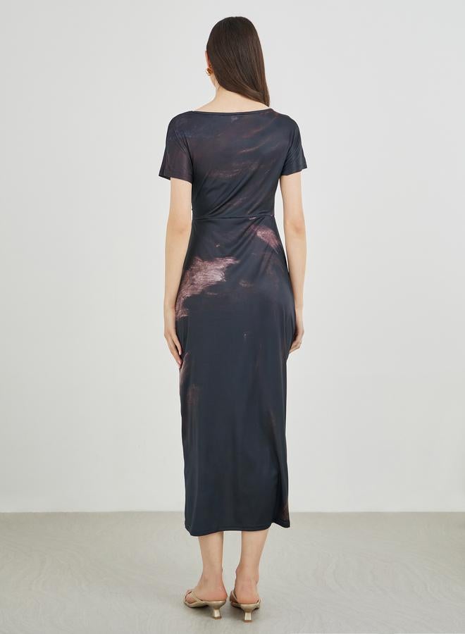 تايك تو فستان ميدي بأكمام قصيرة ورقبة قارب مطبوع - Image 5