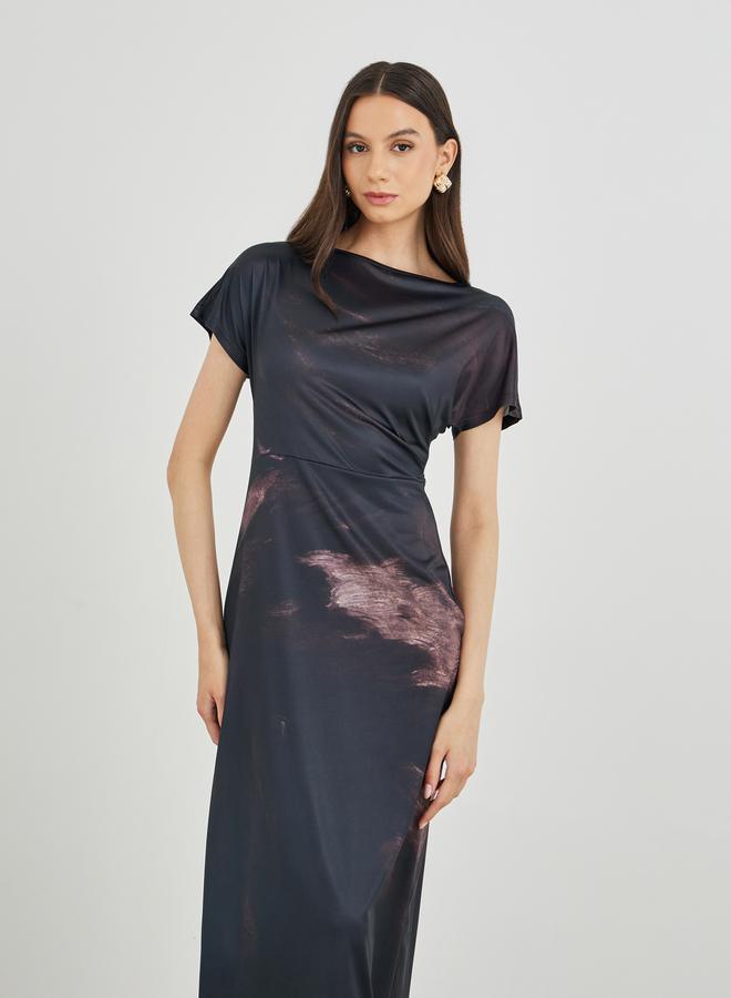 تايك تو فستان ميدي بأكمام قصيرة ورقبة قارب مطبوع - Image 3