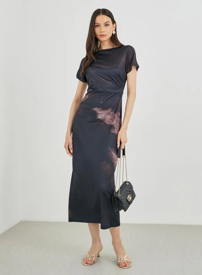 Take Two Take Two Printed Boat Neck Short Sleeve Midi Dress