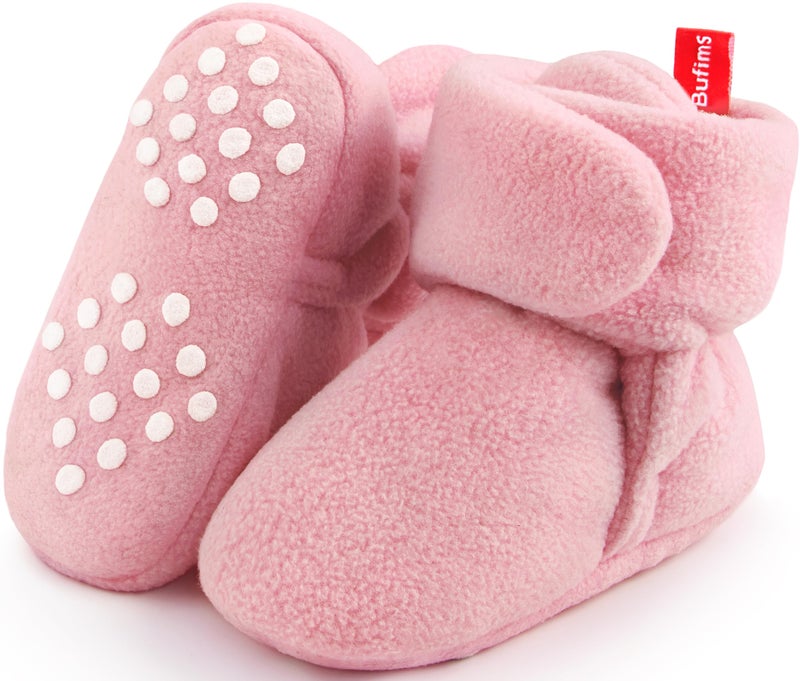 Bufims Baby Booties 0-3 Months, Unisex Soft Fleece Velcro Booties Non-Slip House Shoes Slippers for Newborn Baby Boy Girl Gifts, Pink - Image 1