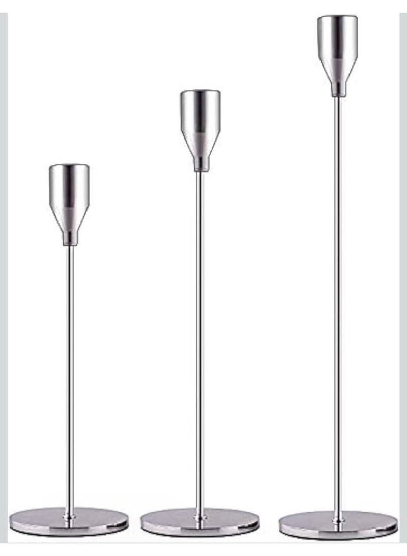 ناما حوامل شموع فضية بتصميم مزخرف وأنيق تناسب الشموع المدببة والشموع السميكة بحجم 1.9 سم وشموع ليد لحفلات الزفاف والعشاء والمناسبات الخاصة مجموعة من 3 قطع (حامل شموع معدني) - Image 1