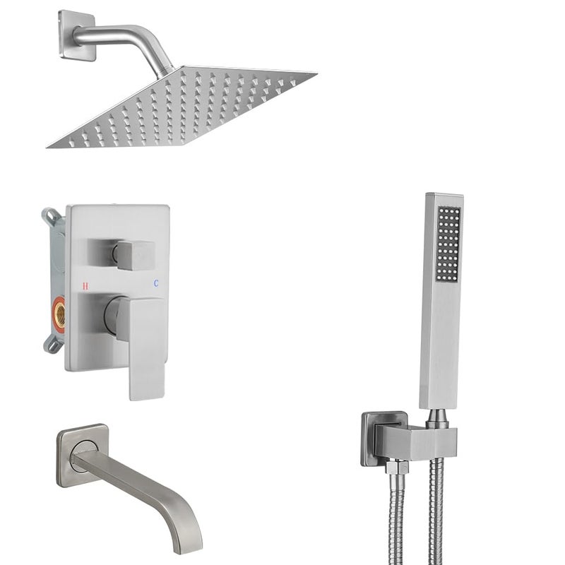 Heable مجموعة دش هابل من النيكل المصقول مع صنبور حوض مثبت على الحائط ورأس دش 8 بوصة ومجموعة مقبض مع مجموعة تقليم دش وحوض 3 وظائف مع صمام