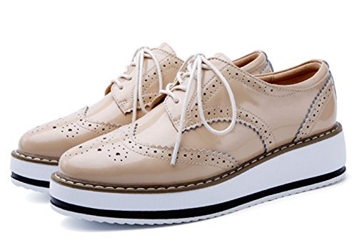 DADAWEN Women's Platform Lace-Up Wingtips Square Toe Oxfords Shoe Apricot US Size 6.5/Asia Size 37/23.5cm - Image 2