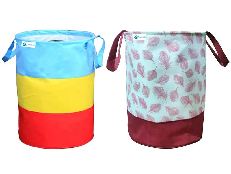 Unicrafts Laundry Bag 45 L Durable and Collapsible Laundry storage Bag with Handles Clothes Toys Storage Foldable Laundry Bag for Dirty Clothes Combo Pack of 2 Pc 1 Multicolor and 1 Leaf Design Maroon
