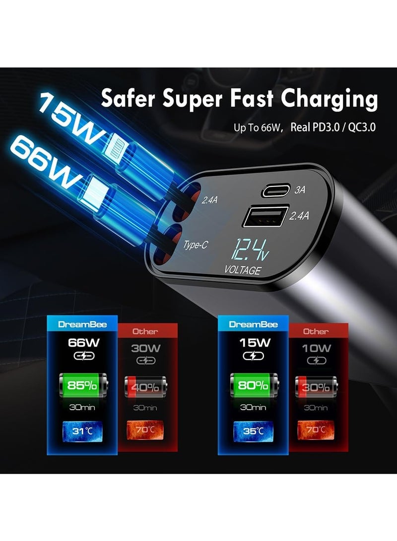 ميكسد شاحن سيارة قابل للسحب، شاحن سيارة سريع الشحن 4 في 1 بقدرة 60 وات، كابل قابل للسحب ومحول شاحن سيارة بمنفذي USB متوافق مع iPhone 15 14 13 12 11 Pro Max وGalaxy S23 وشاحن سيارة Pixel - Image 3