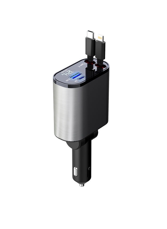 ميكسد شاحن سيارة قابل للسحب، شاحن سيارة سريع الشحن 4 في 1 بقدرة 60 وات، كابل قابل للسحب ومحول شاحن سيارة بمنفذي USB متوافق مع iPhone 15 14 13 12 11 Pro Max وGalaxy S23 وشاحن سيارة Pixel - Image 1