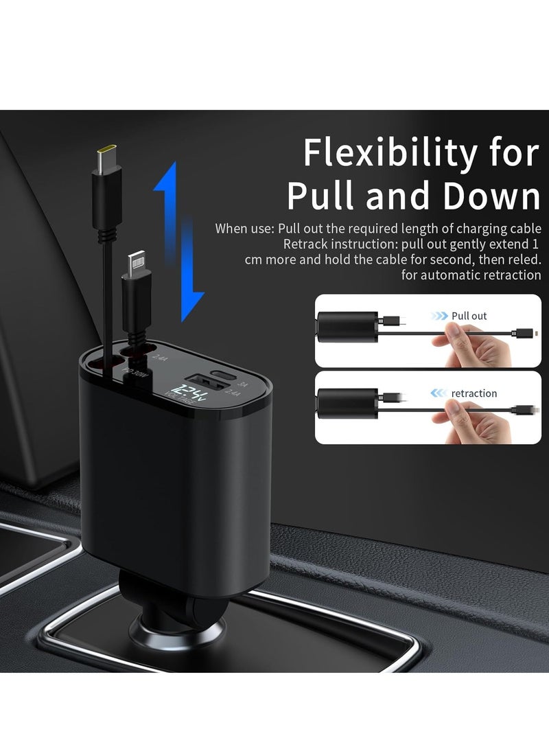 ميكسد شاحن سيارة قابل للسحب، شاحن سيارة سريع الشحن 4 في 1 بقدرة 60 وات، كابل قابل للسحب ومحول شاحن سيارة بمنفذي USB متوافق مع iPhone 15 14 13 12 11 Pro Max وGalaxy S23 وشاحن سيارة Pixel - Image 2