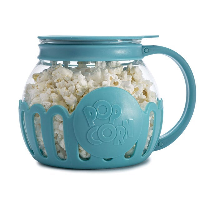 PATENTED MICROPOP MICROWAVE POPCORN POPPER WITH TEMPERATURE SAFE GLASS 3IN1 LID MEASURES KERNELS AND MELTS BUTTER MADE WITHOUT BPA DISHWASHER SAFE 15QUART TEAL