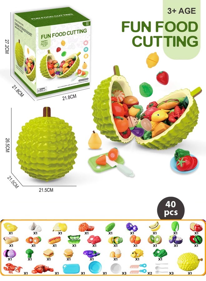 40pcs Durian bucket cutting toy food,Cutting Play Food Toy for Kids Kitchen,Pretend Play Food for Kids Kitchen,Using durian barrels to pack fruits and vegetable accessories, vegetable food toys, fru - Image 2