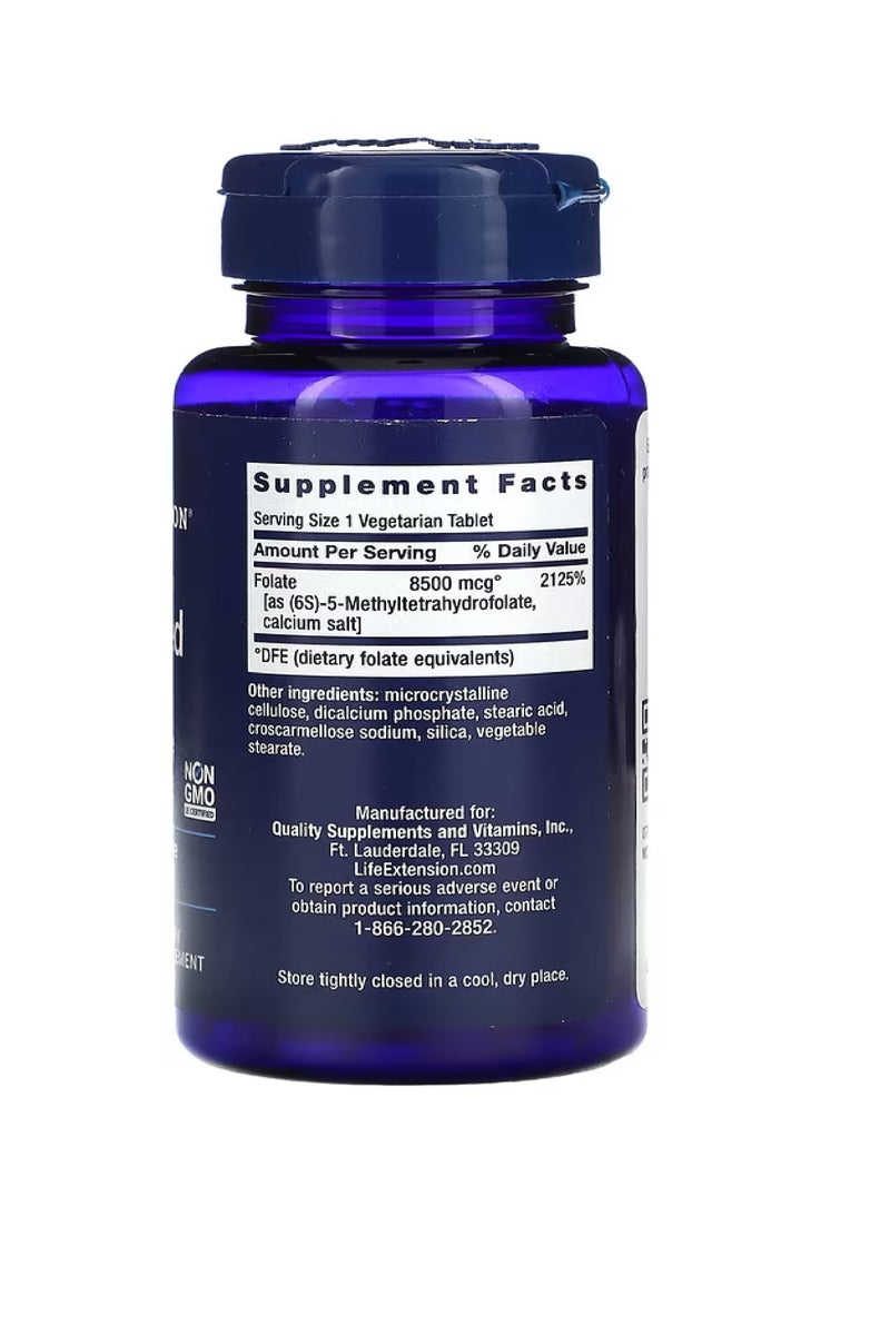 Life Extension High Potency Optimized Folate 8500 mcg DFE 30 Vegetarian Tablets - Image 2