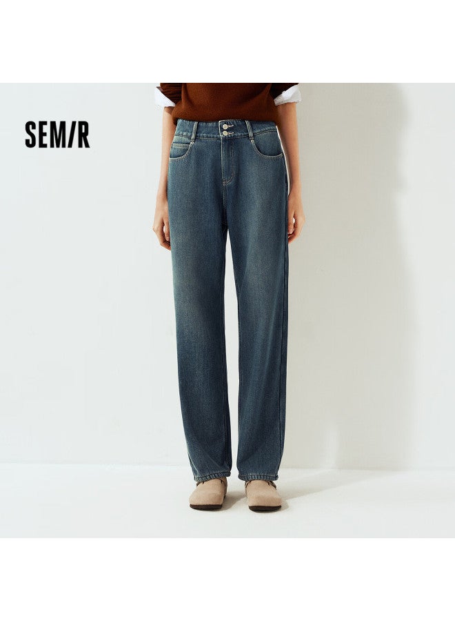 Semir Women's Winter Fleece-lined High-waist Straight-leg Jeans Cool Style Floor-length Pants 109725124006 - Image 1
