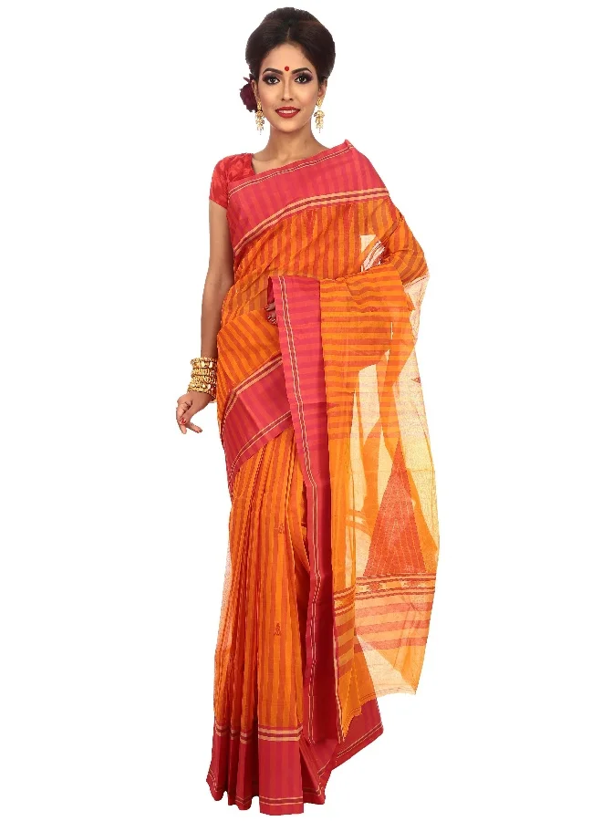 Parinita Sarees Tant Saree in Orange and Red for Women