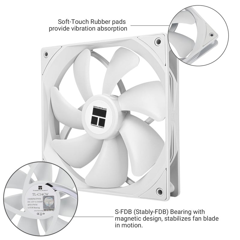 Thermalright TL-C14CW CPU Cooler, S-FDB Bearing 140mm Case Fan With 4-PWM Control, Low Noise Computer Chassis Cooling, White (TL-C14CW) - Image 4
