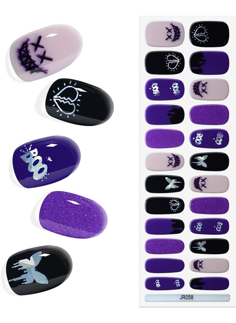 King Horse 24pcs Halloween Semi Cured Gel Nail Stickers Long Lasting Manicure Nail Wraps Salon-Quality Semi-Cured Gel Nail Strips UV Lamp Required Semicured Gel Nail Wraps for Women (Boo Boo 058) 