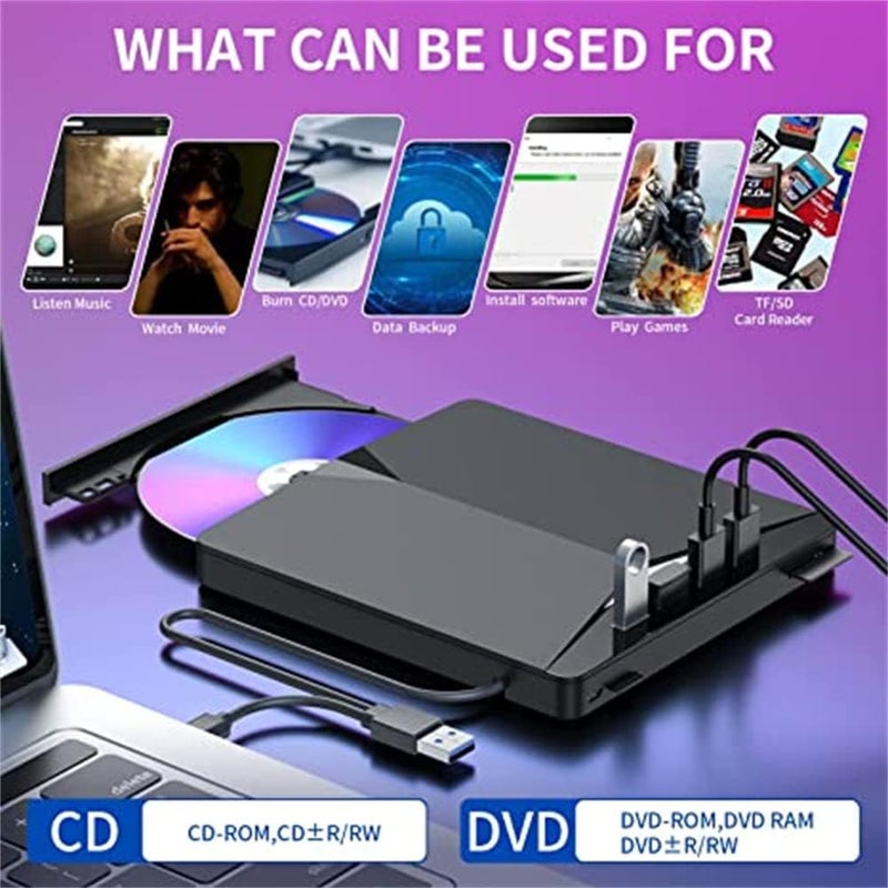 External CD/DVD Drive for Laptop, 7 in 1 USB 3.0 DVD Player Portable CD/DVD Burner, Compatible with Laptop Desktop PC Windows 11/10/8/7 Linux Mac OS (Jet Black) - Image 3