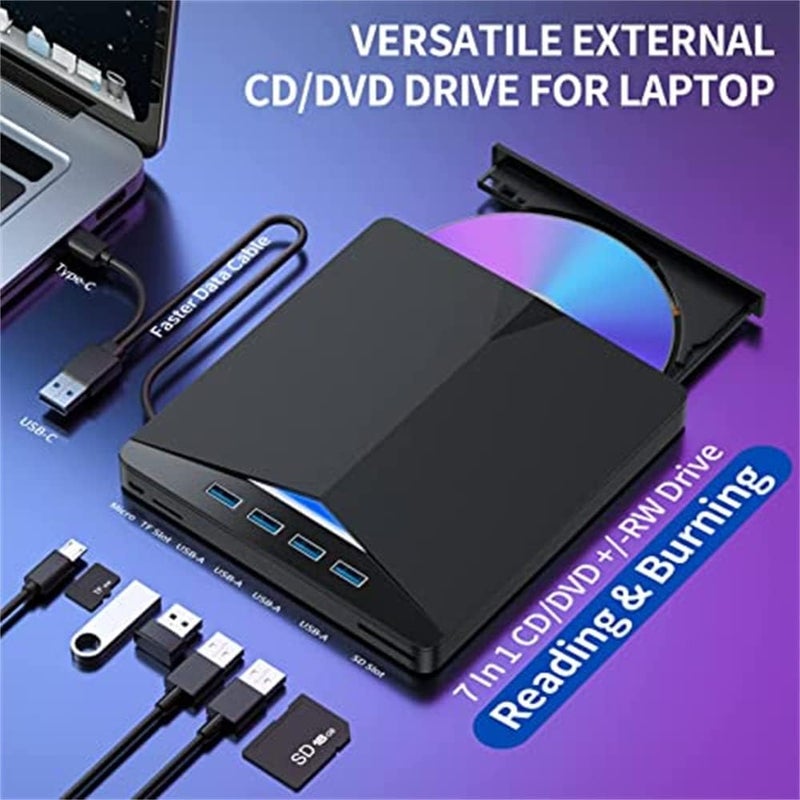 External CD/DVD Drive for Laptop, 7 in 1 USB 3.0 DVD Player Portable CD/DVD Burner, Compatible with Laptop Desktop PC Windows 11/10/8/7 Linux Mac OS (Jet Black) - Image 2