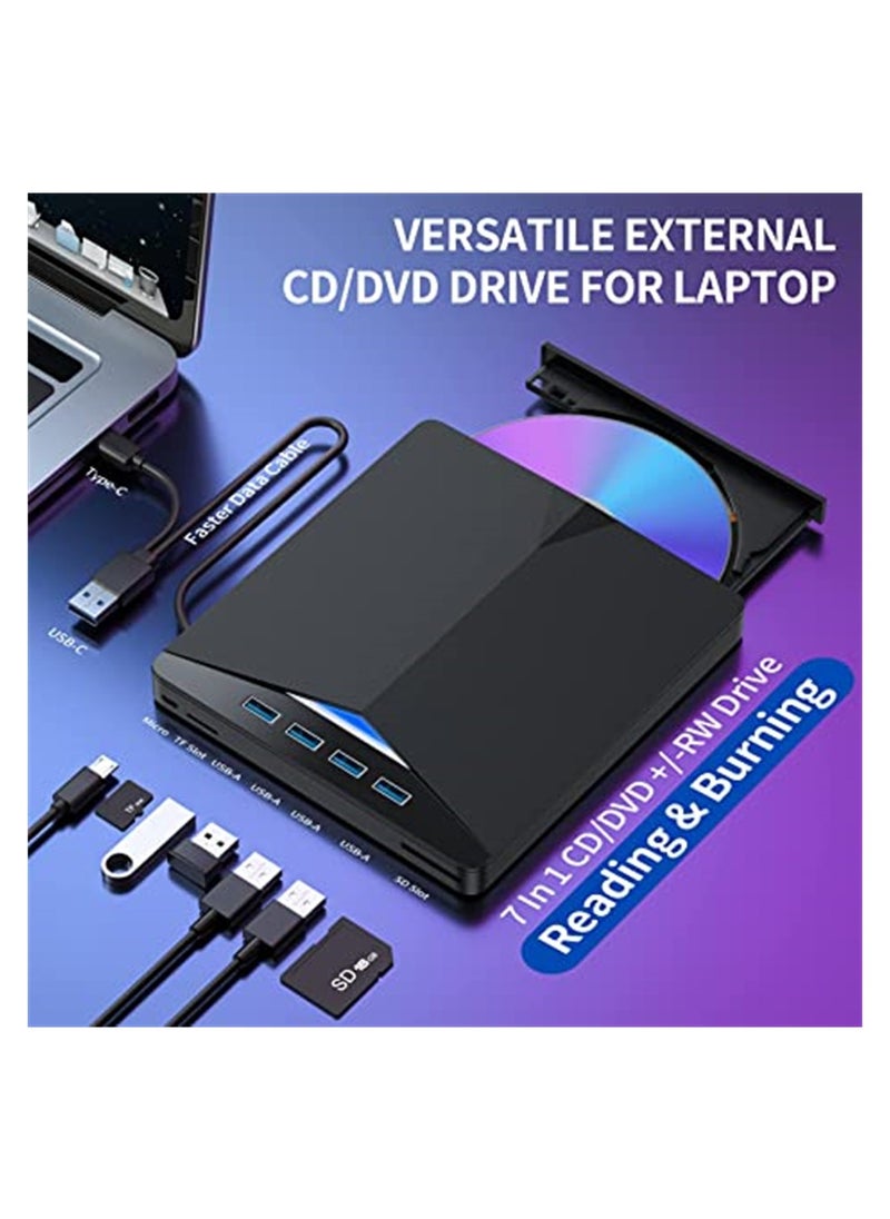 SYOSI - External CD/DVD Drive for Laptop, 7 in 1 USB 3.0 DVD Player Portable CD/DVD Burner, Compatible with Laptop Desktop PC Windows 11/10/8/7 Linux Mac OS (Jet Black) - Image 1
