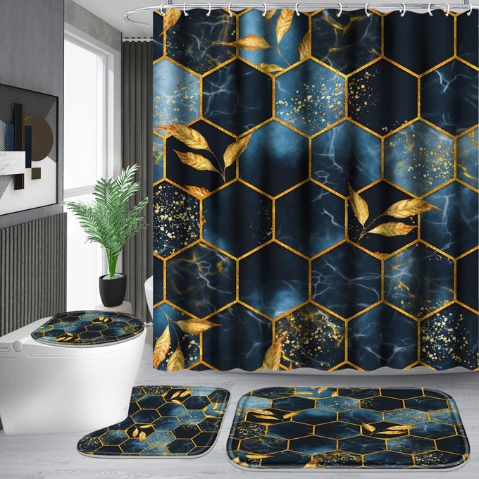 4 PCS BATHROOM SHOWER CURTAIN SETBATHROOM SETS WITH RUGSBATH MATU SHAPE AND TOILET LID COVER MAT AND 12 HOOKSBLACK AND BLUE HONEYCOMB MARBLE