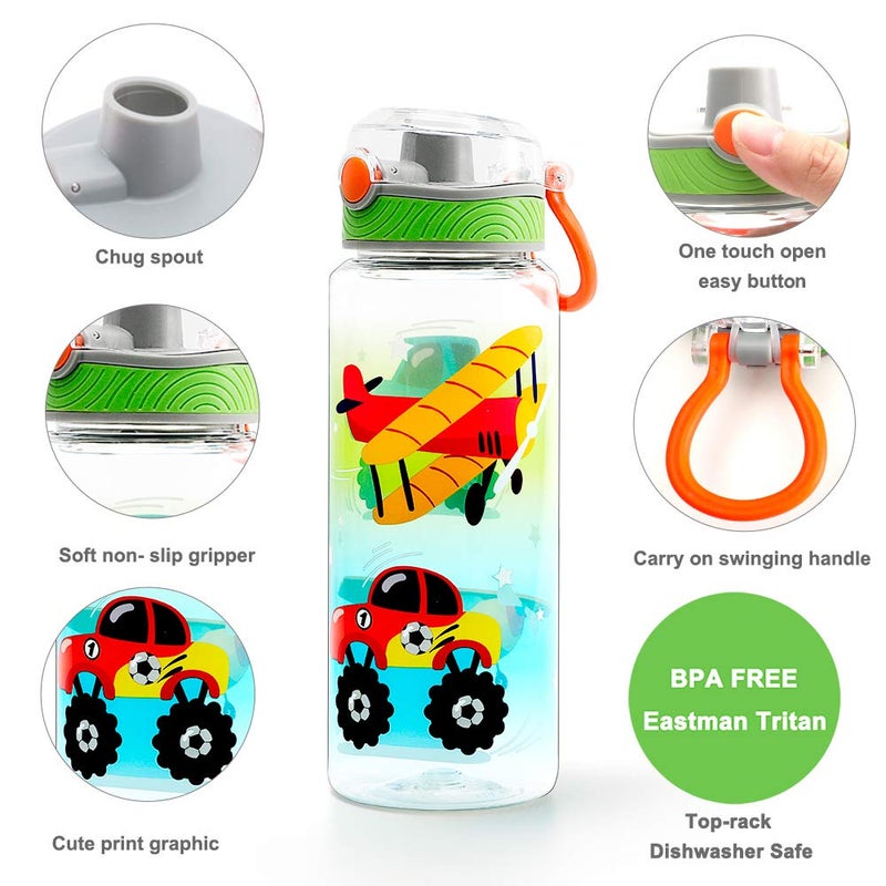 Home Tune Cute Water Bottle for School Kids Boys  BPA FREE Tritan & Leak Proof Flip Top Lid & Easy Clean & Carry Handle  23oz/ 680ml - Airplane & Truck - Image 2