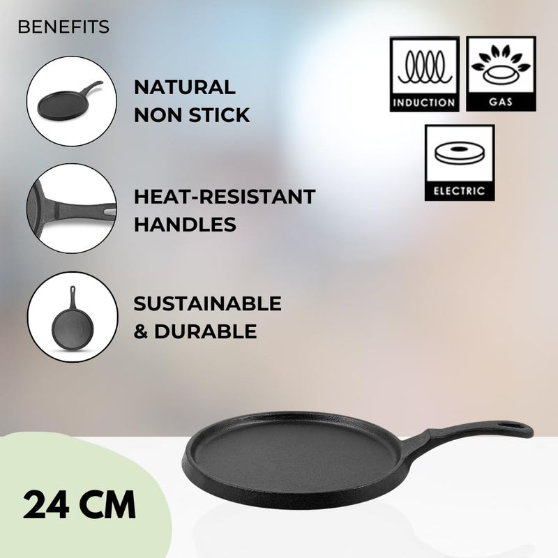 Pencil PreSeasoned Cast Iron Shallow Pan 24 cm FryRoasting Pan Compatible with Gas Stoves Induction Naturally Nonstick 100 Pure ToxinFree No Chemical Coating Long Lasting Black - Image 2