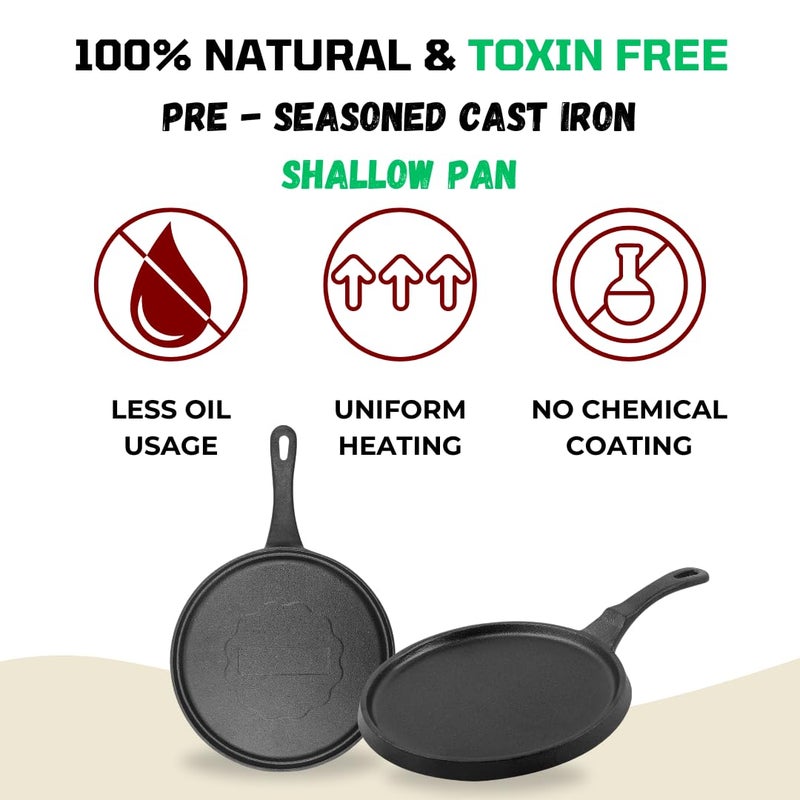 Pencil PreSeasoned Cast Iron Shallow Pan 24 cm FryRoasting Pan Compatible with Gas Stoves Induction Naturally Nonstick 100 Pure ToxinFree No Chemical Coating Long Lasting Black - Image 3