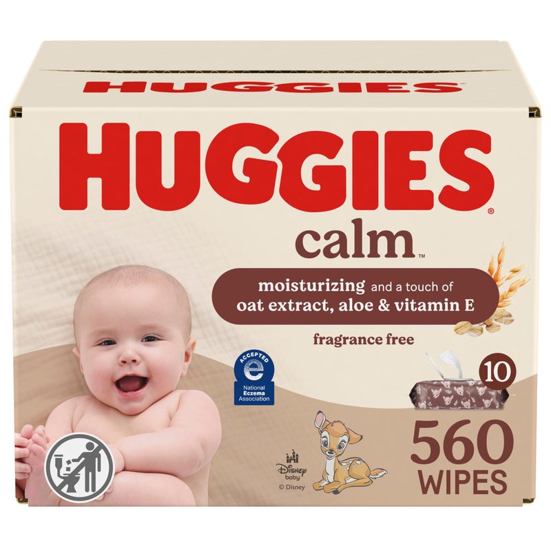Huggies Calm Baby Wipes, Unscented, Hypoallergenic, 10 Push Button Packs (560 Wipes Total) - Image 1