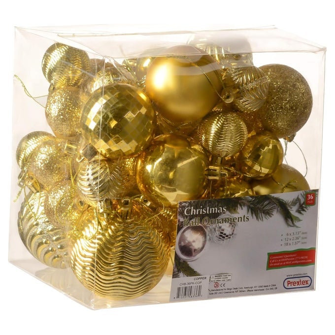 CHRISTMAS ORNAMENTS GOLD SET 36PIECE SHATTERPROOF GOLD ORNAMENTS FOR CHRISTMAS TREE HOLIDAY WREATH AND PARTY DECORATIONS ASSORTED SIZES IN SMALL MEDIUM LARGE