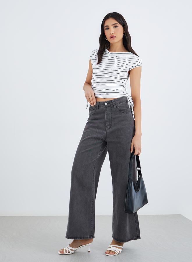 Take Two Striped Cowl Neck T-Shirt with Side Ruched Detail - Image 2