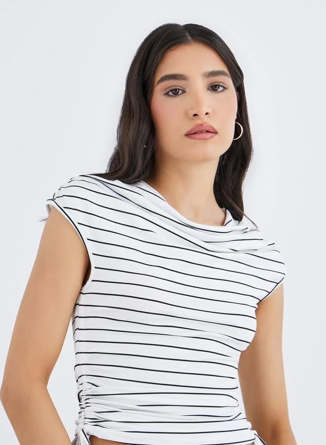Take Two Take Two Striped Cowl Neck T-Shirt with Side Ruched Detail