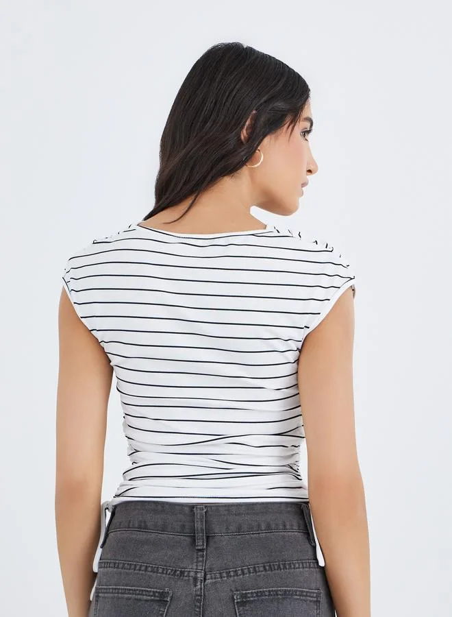 Take Two Take Two Striped Cowl Neck T-Shirt with Side Ruched Detail