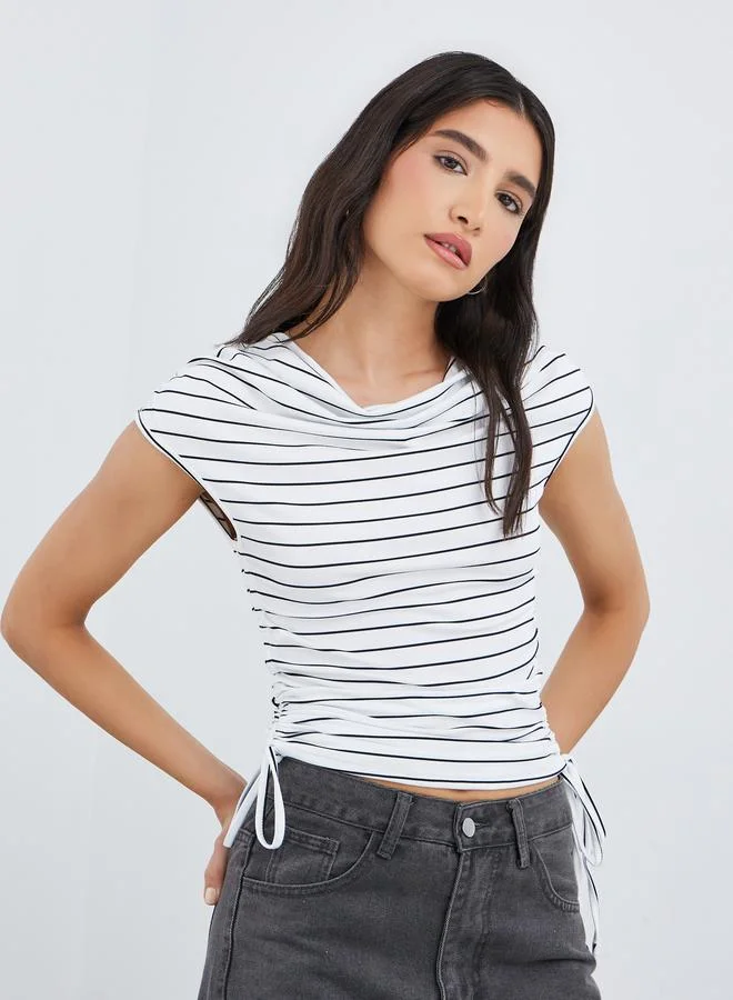 Take Two Take Two Striped Cowl Neck T-Shirt with Side Ruched Detail