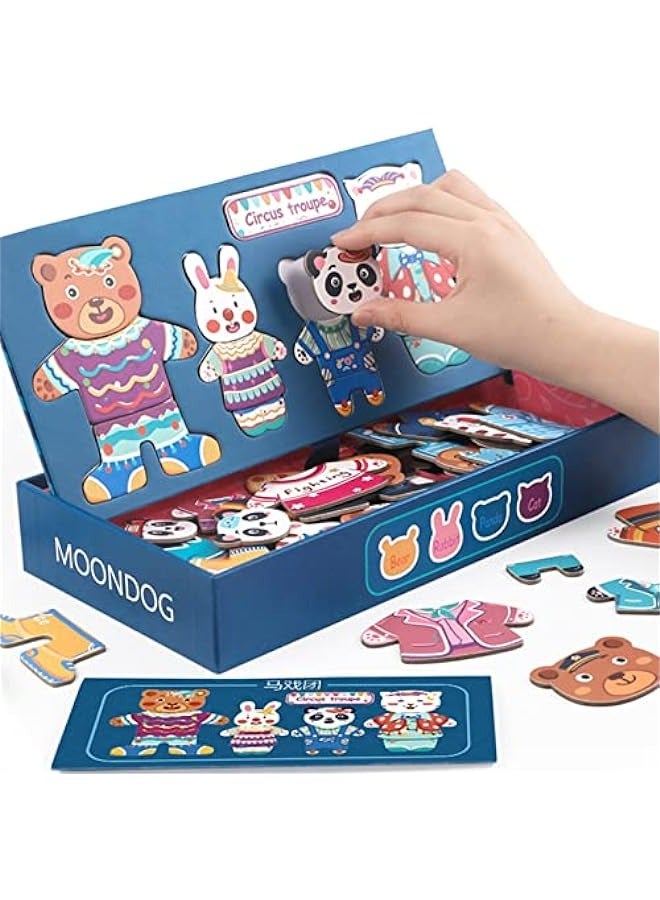 دوركو صندوق لعبة تلبيس الدب الخشبي من أمانا - لعبة تجميع ومطابقة الصور - دمية خشبية للأطفال من عمر 3 سنوات تحتوي على دب، أرنب، باندا، وقطط - لعبة مغناطيسية للأطفال الصغار - اللون الأزرق - Image 1