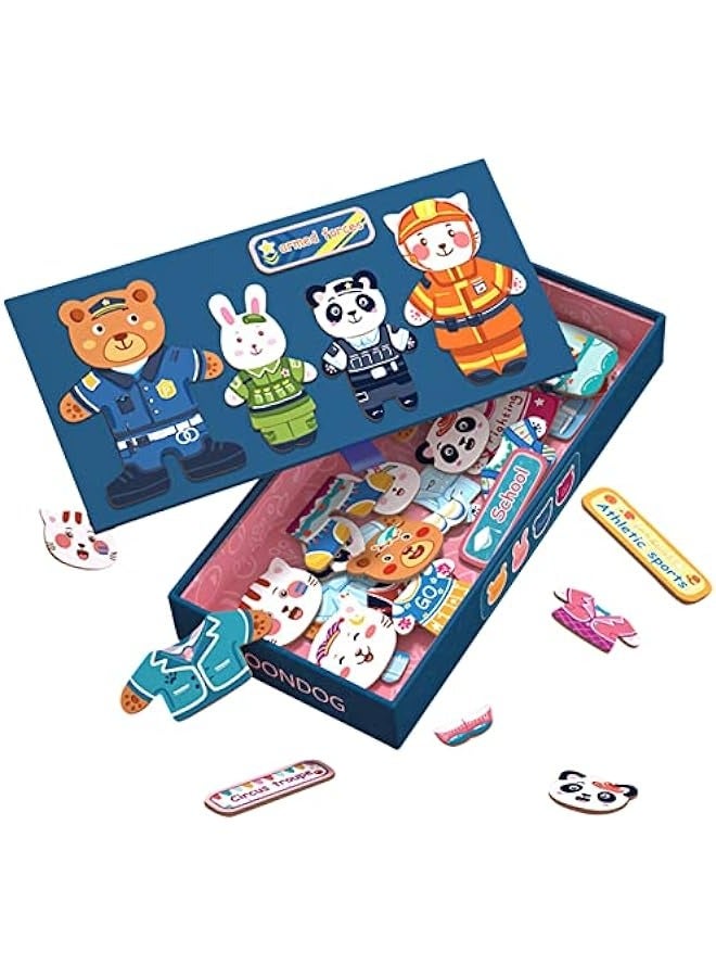 دوركو صندوق لعبة تلبيس الدب الخشبي من أمانا - لعبة تجميع ومطابقة الصور - دمية خشبية للأطفال من عمر 3 سنوات تحتوي على دب، أرنب، باندا، وقطط - لعبة مغناطيسية للأطفال الصغار - اللون الأزرق - Image 2