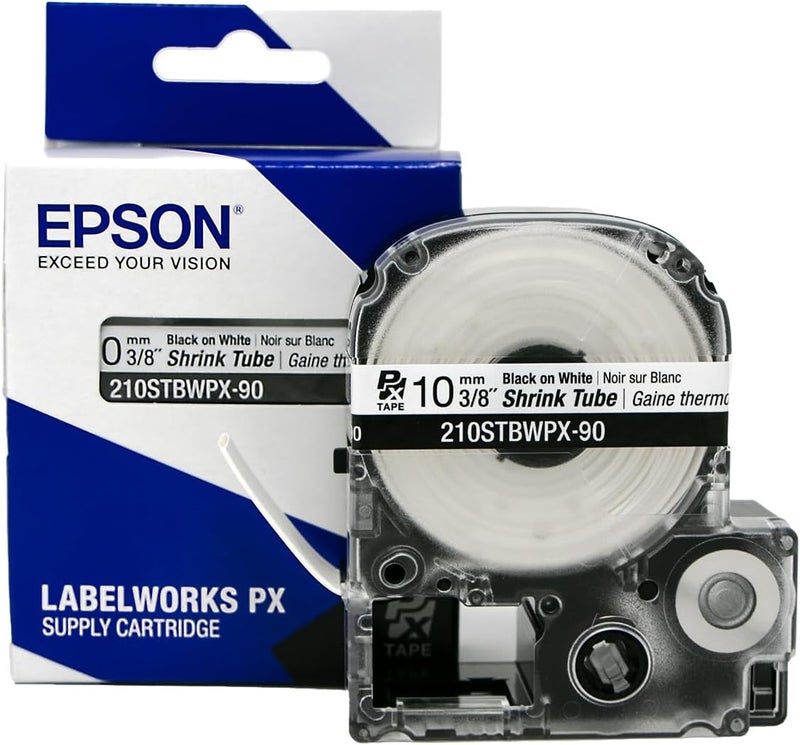 LABELWORKS Epson 210STBWPX-90 Genuine Tape Cartridge - Black on White Shrink Tube Industrial Label Maker Tape - AWG 4-12, 3/8" (10MM) Wide, 7.5 ft (90") - Image 1