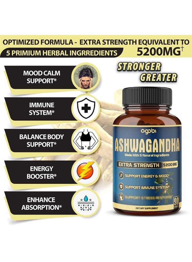 Ashwagandha Extract Capsule - Great Strength 5200mg of Powder - 5in1 Blended Ginger, Turmeric, Rhodiola Rosea & Black Pepper - 90 Capsules for 3 Months - Strength, Spirit & Immune Support