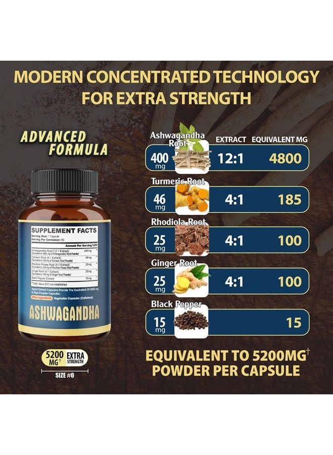 Ashwagandha Extract Capsule - Great Strength 5200mg of Powder - 5in1 Blended Ginger, Turmeric, Rhodiola Rosea & Black Pepper - 90 Capsules for 3 Months - Strength, Spirit & Immune Support